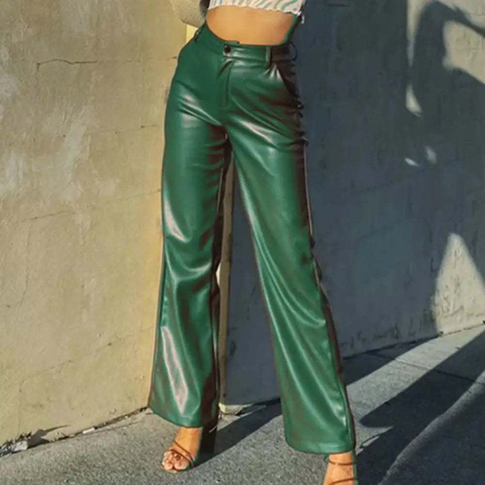 High Waist Color Retro Slim Fit Straight Wide Leg Faux Leather Pants