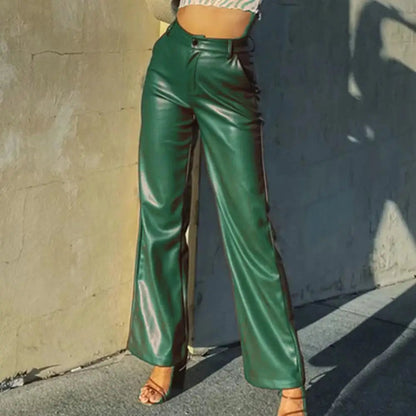 High Waist Color Retro Slim Fit Straight Wide Leg Faux Leather Pants