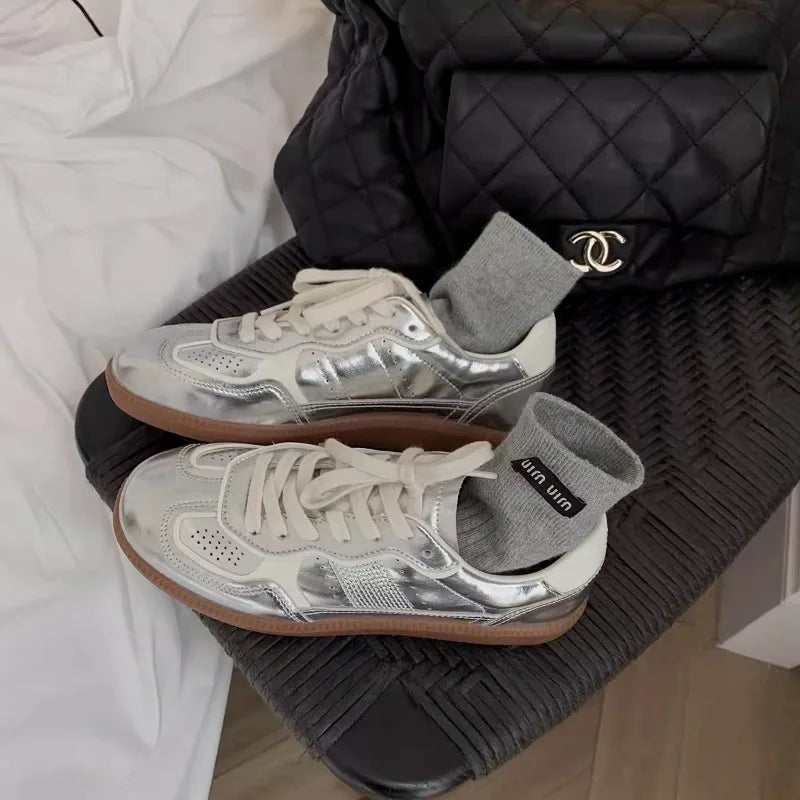 Jogging Flats Metallic Silver Lace Up Tennis Breathable Skateboard