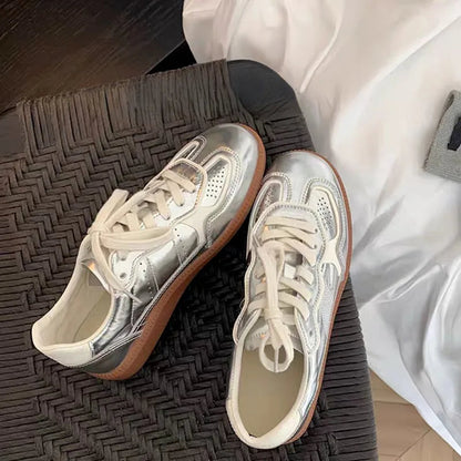 Jogging Flats Metallic Silver Lace Up Tennis Breathable Skateboard