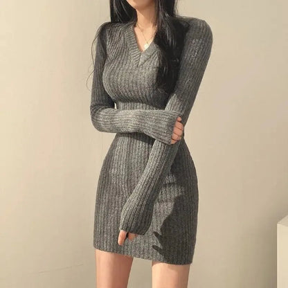 Knit V-neck Long Sweater Autumn Winter Midi Dresses
