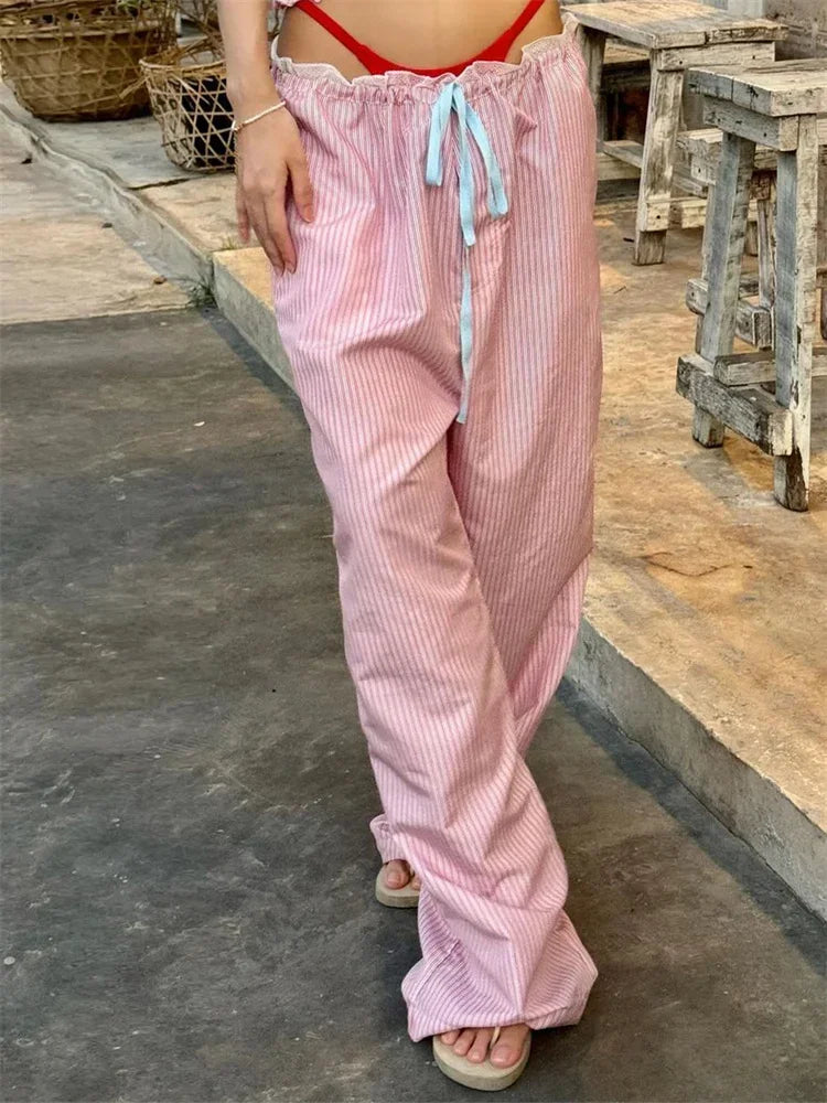 Stripe Drawstring Wide Leg Sweatpant Pant