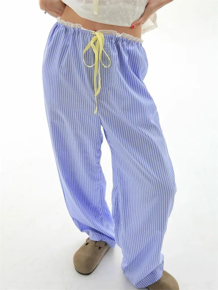 Stripe Drawstring Wide Leg Sweatpant Pant