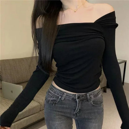 Off Shoulder T-shirts Long Sleeve Shirts Cropped Tops Clubwear Skew Collar Warm Pullovers