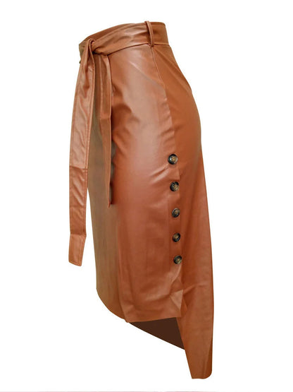 Pu Leather High Waist Lace-up Side Button Slim Skinny Pencil Skirt
