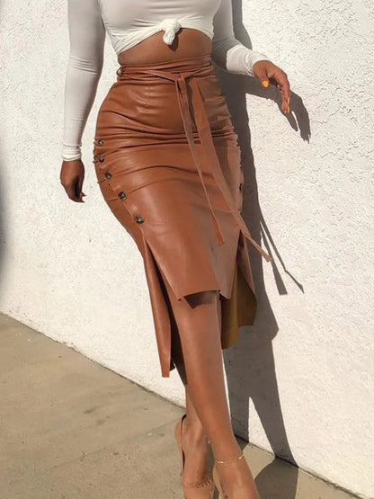 Pu Leather High Waist Lace-up Side Button Slim Skinny Pencil Skirt