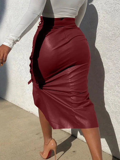 Pu Leather High Waist Lace-up Side Button Slim Skinny Pencil Skirt