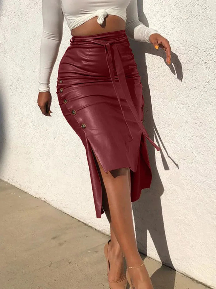 Dressbetty - Pu Leather Midi Skirt Color High Waist Slim Pencil Skirt