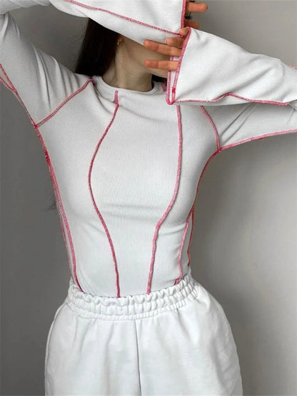 Patchwork T-shirts Long Flare Sleeve Round Neck Knitted Ribbed Tees Shirts Spring Autumn Street Top