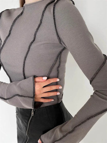 Patchwork T-shirts Long Flare Sleeve Round Neck Knitted Ribbed Tees Shirts Spring Autumn Street Top