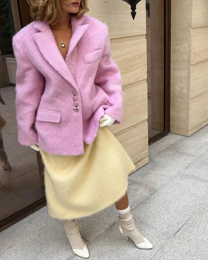 Pink Woolen Lapel Long Single High Street Coat