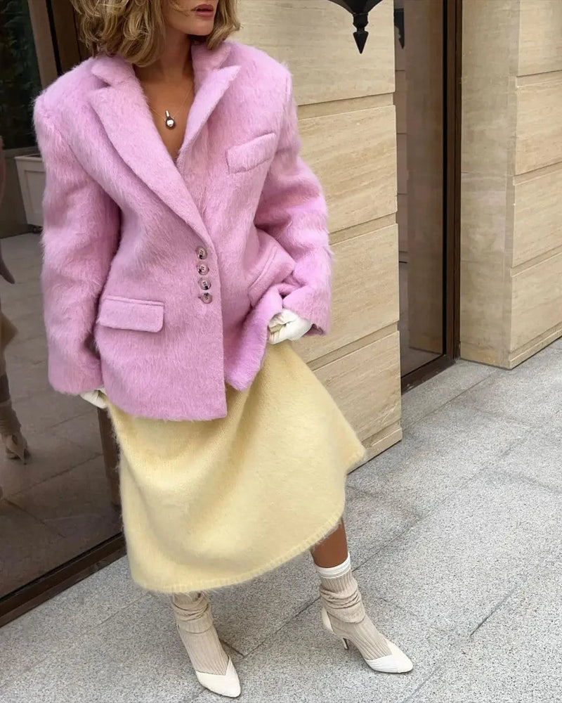 Pink Woolen Lapel Long Single High Street Coat