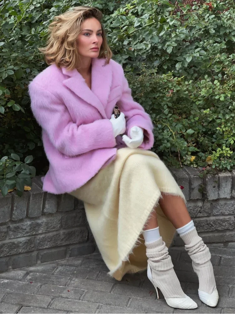 Pink Woolen Lapel Long Single High Street Coat