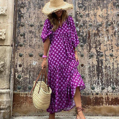 Puff Sleeve Maxi Dress Print V-neck Loose Holiday Beach Party Vestidos