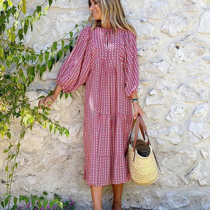 Puff Sleeve Maxi Dress Print V-neck Loose Holiday Beach Party Vestidos