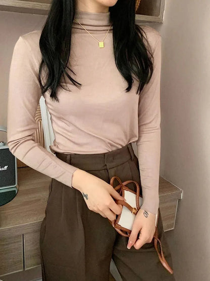 Pullover Turtleneck Sweater Autumn Long Sleeve Slim Korean Simple Basic Color Tops Jumper T Shirt