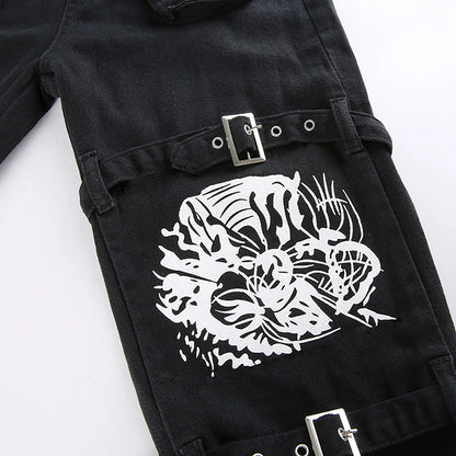 Gothic Retro Washed Print Low-rise Cool Loop Hip Hop Wide-leg Street Pants