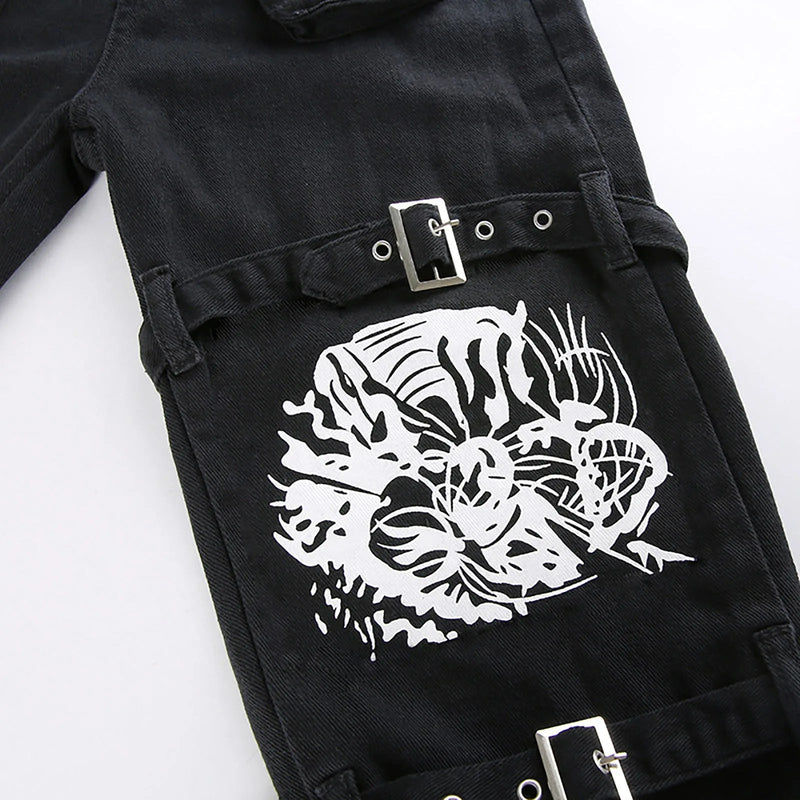 Gothic Retro Washed Print Low-rise Cool Loop Hip Hop Wide-leg Street Pants