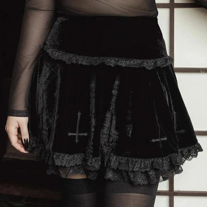 Summer Embroidery Black Gothic Stylish Lace Trim Skirt