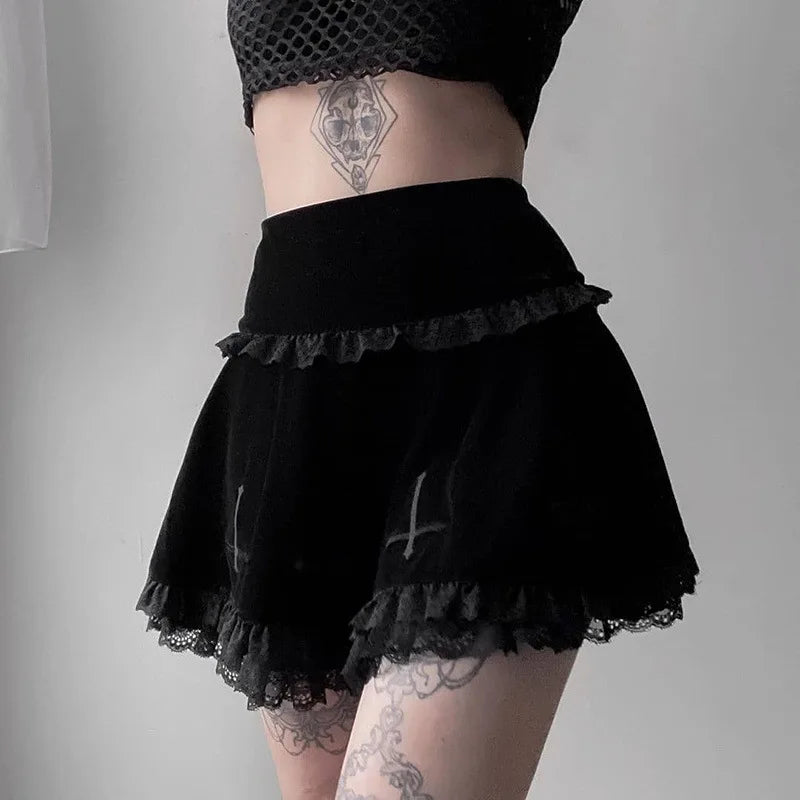 Summer Embroidery Black Gothic Stylish Lace Trim Skirt