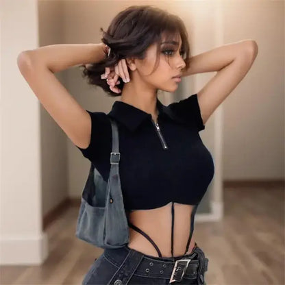 Short Sleeve Top Perspective Mesh Bodysuit Jumpsuit Woman Clothing Black Zip Summer Street Y2k Bodysuit Black