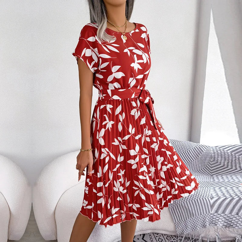 Spring Short Waist Pleated a Line Long Midi Dresses