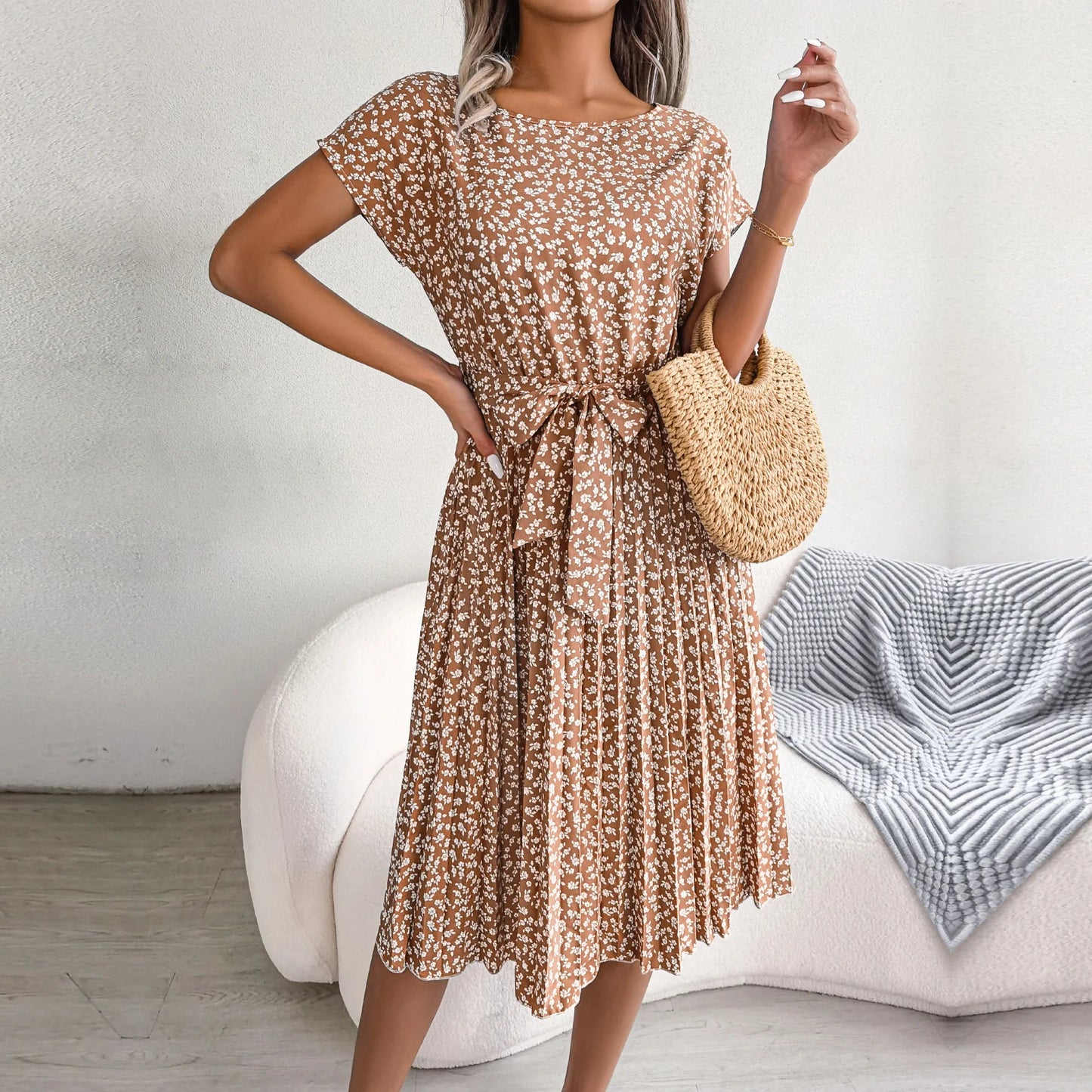 Spring Short Waist Pleated a Line Long Midi Dresses