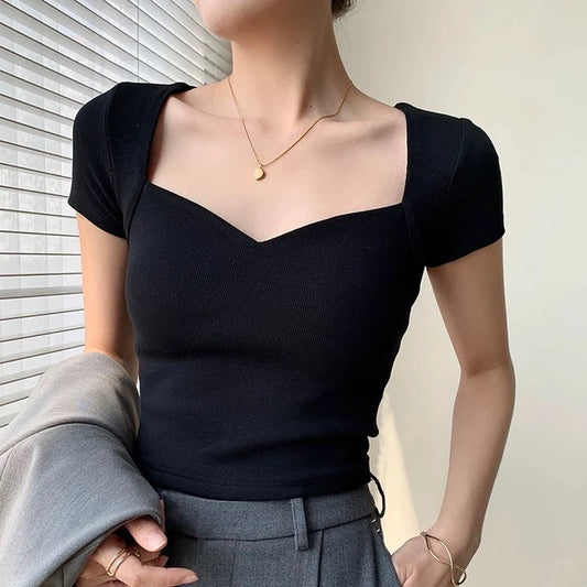 Square Neck Rib Crop T-shirt Summer Short Sleeve Crop Top Color Short Tops Basic Black Tee Shirt