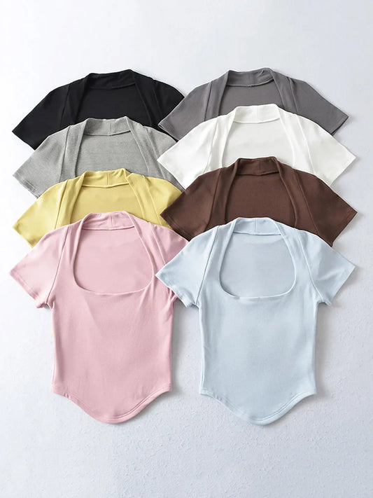 Square Neck Rib Fit Tee Basic Short Sleeve Crop T-shirt