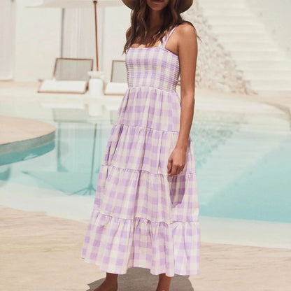 Fashionable Loose Strappy Plaid Vacation Beach Party Sleeveless Tiered Midi Dress