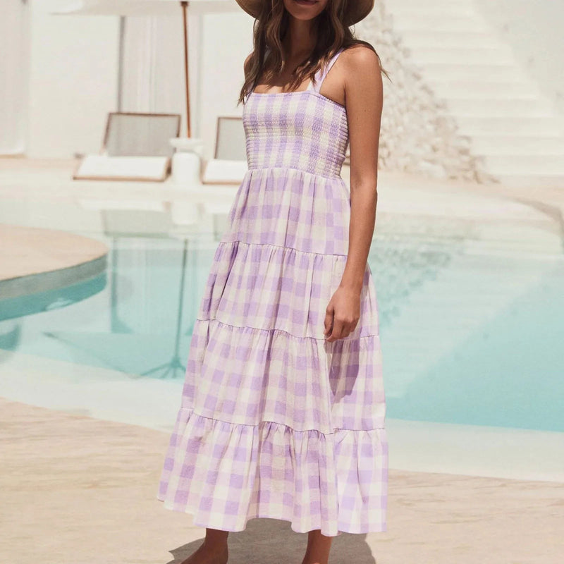 Fashionable Loose Strappy Plaid Vacation Beach Party Sleeveless Tiered Midi Dress