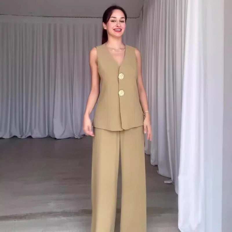Summer Sleeveless Wide Leg Pants Office Two Piece Set