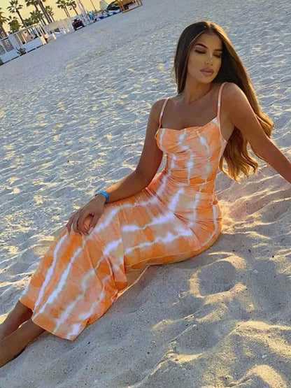 Summer Sleeveless Slim Printed Bodycon Long Female Midi Dresses