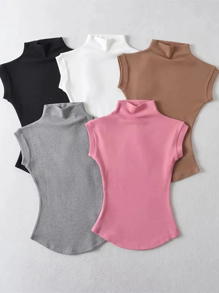 Summer Turtleneck Sleeveless T-shirts Tops Slim Fit Pullovers Causal Tees Shirts Female Basics Tees