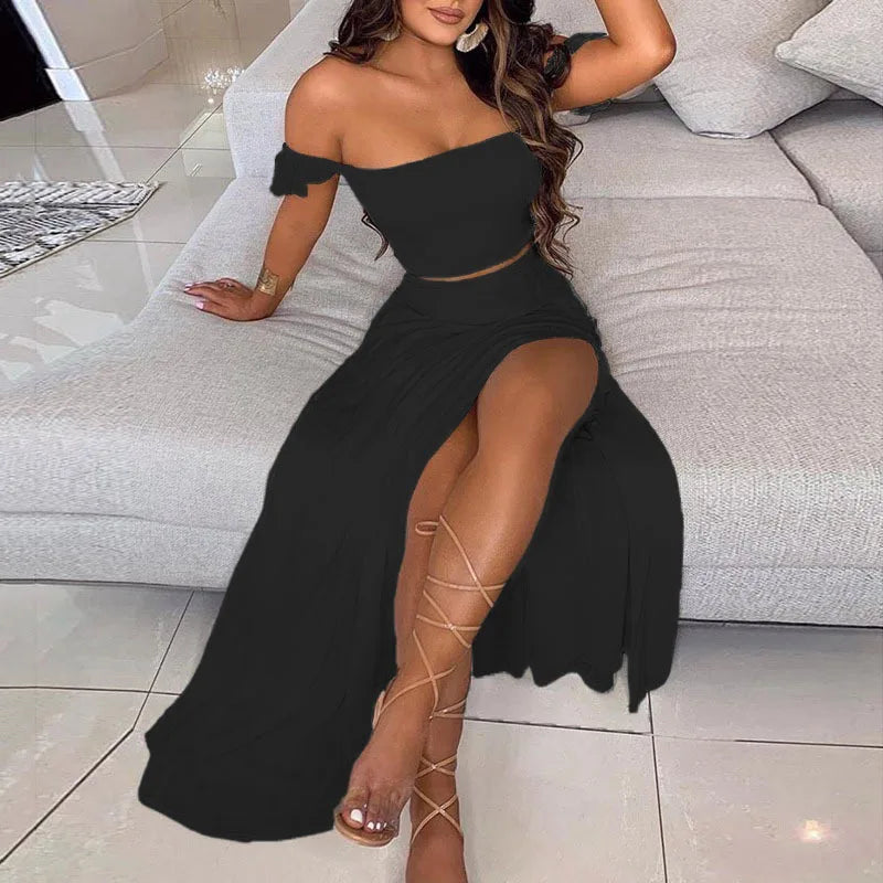 Dressbetty - Summer Print Off Shoulder Split Long Maxi Skirt