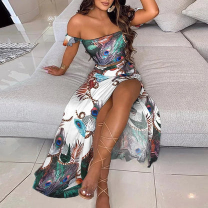Dressbetty - Summer Print Off Shoulder Split Long Maxi Skirt