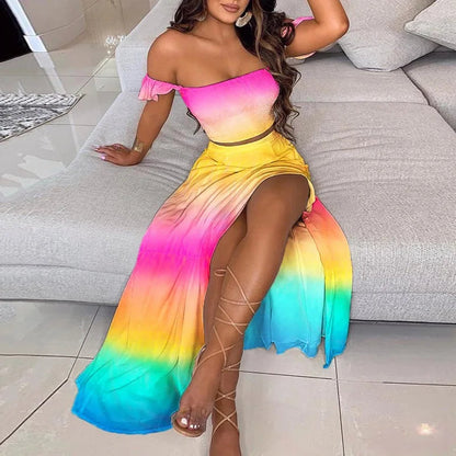Dressbetty - Summer Print Off Shoulder Split Long Maxi Skirt