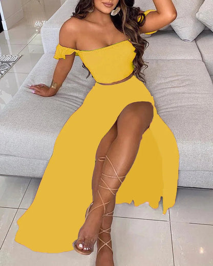 Dressbetty - Summer Print Off Shoulder Split Long Maxi Skirt