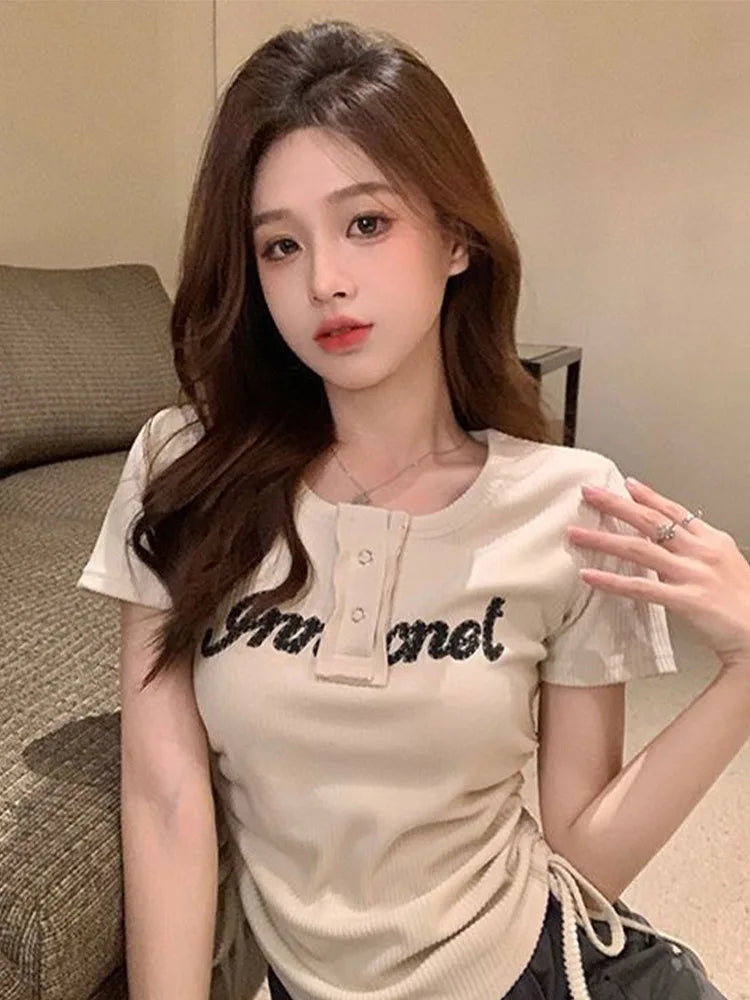 T-shirts Y2k Tops Drawstring Summer Graphic Knitting Harajuku Korean Letter Short Sleeve Aesthetic Clothing
