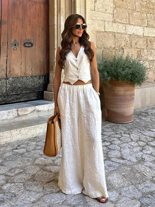 V-neck Sleeveless Wide Leg Office Two Piece Set