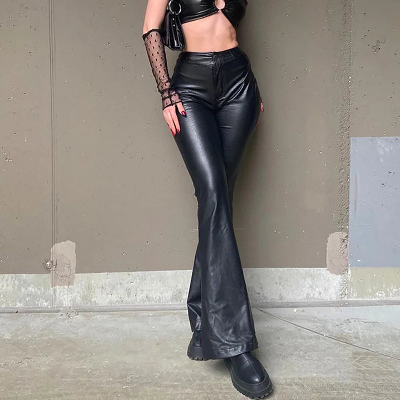 Pu High Waist Stretch Slim Faux Leather Bell-bottoms Bodycon Clubwear Pants
