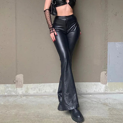 Pu High Waist Stretch Slim Faux Leather Bell-bottoms Bodycon Clubwear Pants