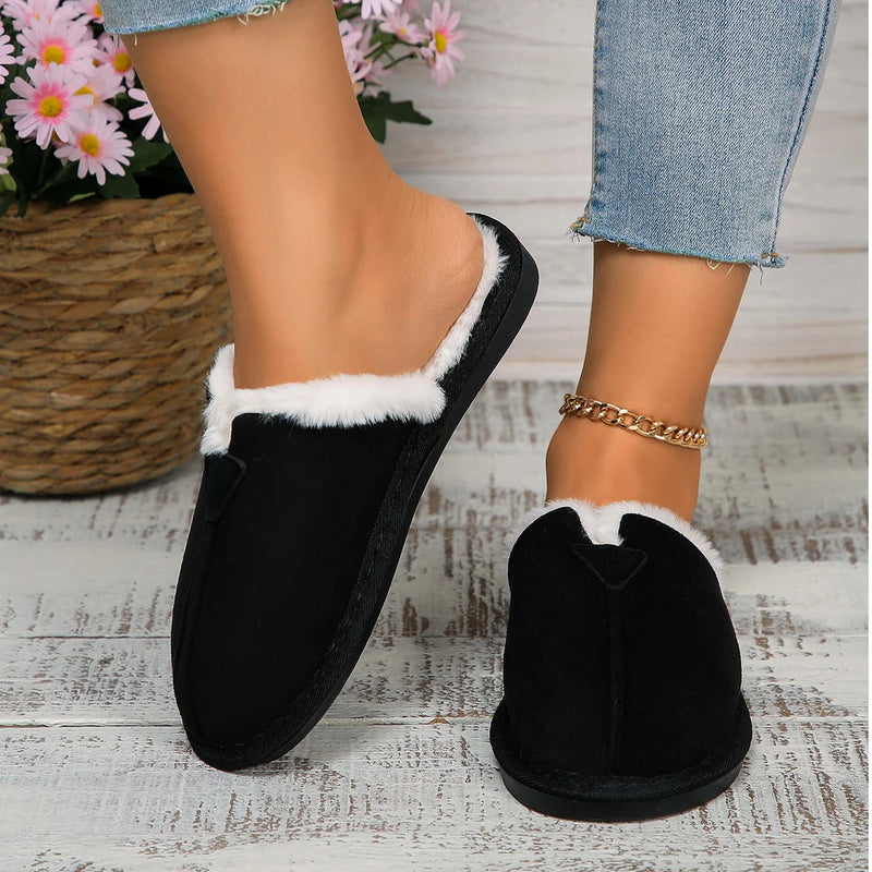 Warm Fur Cotton Slippers Flats Shoe Suede Winter Short Plush Non-slip Snow Boots Mujer Zapatos Mules