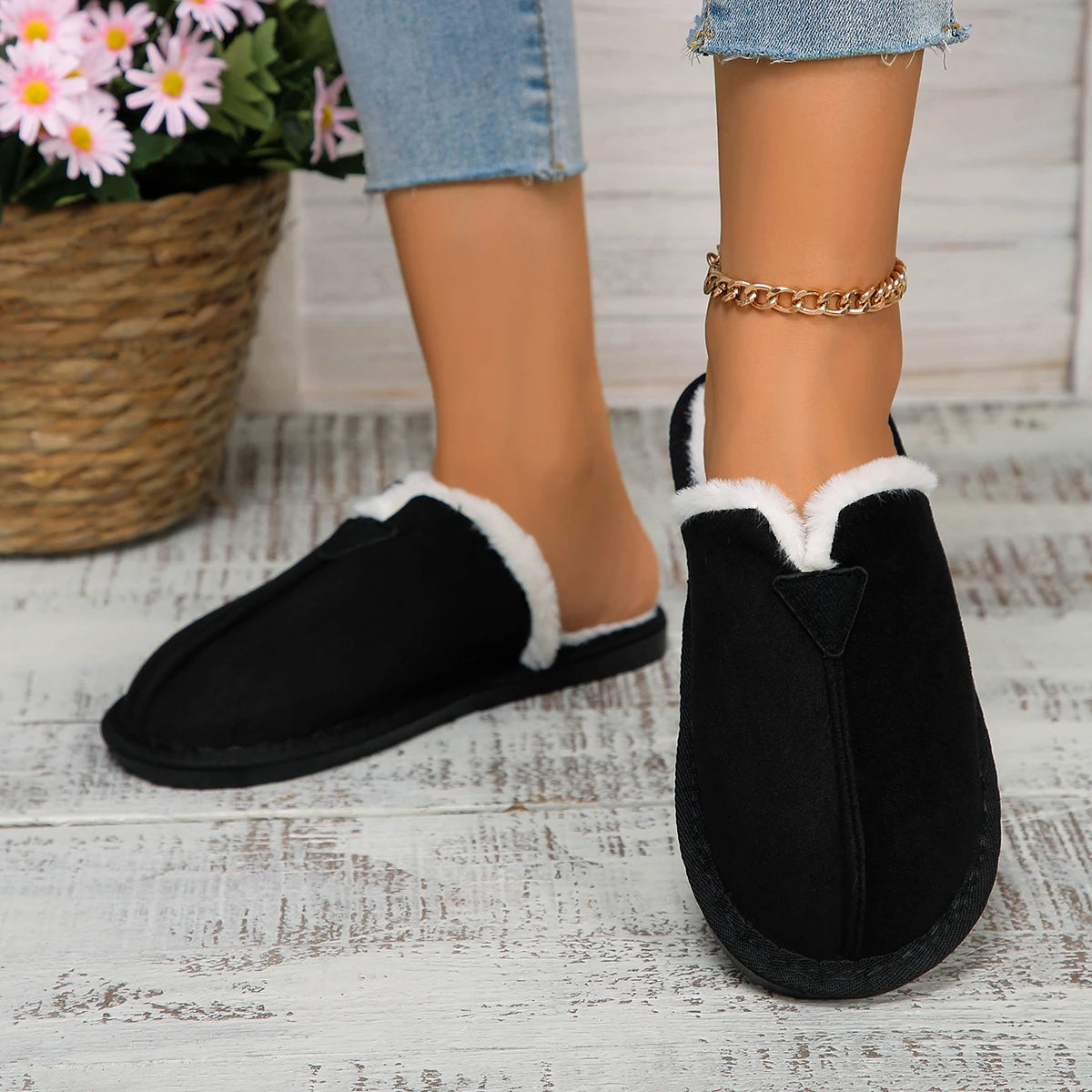 Warm Fur Cotton Slippers Flats Shoe Suede Winter Short Plush Non-slip Snow Boots Mujer Zapatos Mules