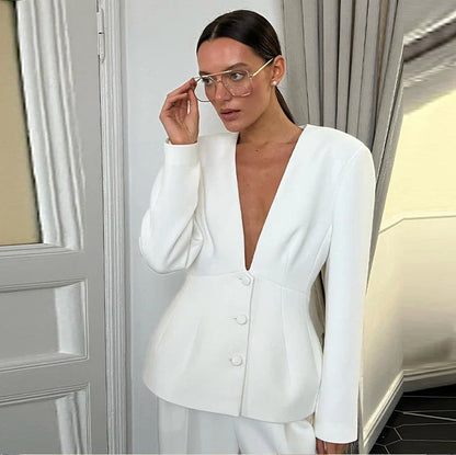White Deep V-neck Blazer Pants Office Two Piece Set