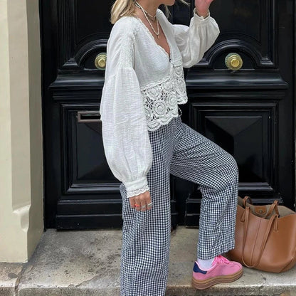 Gingham Print Elastic Waist Drawstring Lounge Pant
