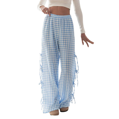 Tie-up Plaid Stripe Loose Polyester Wide Leg Pant