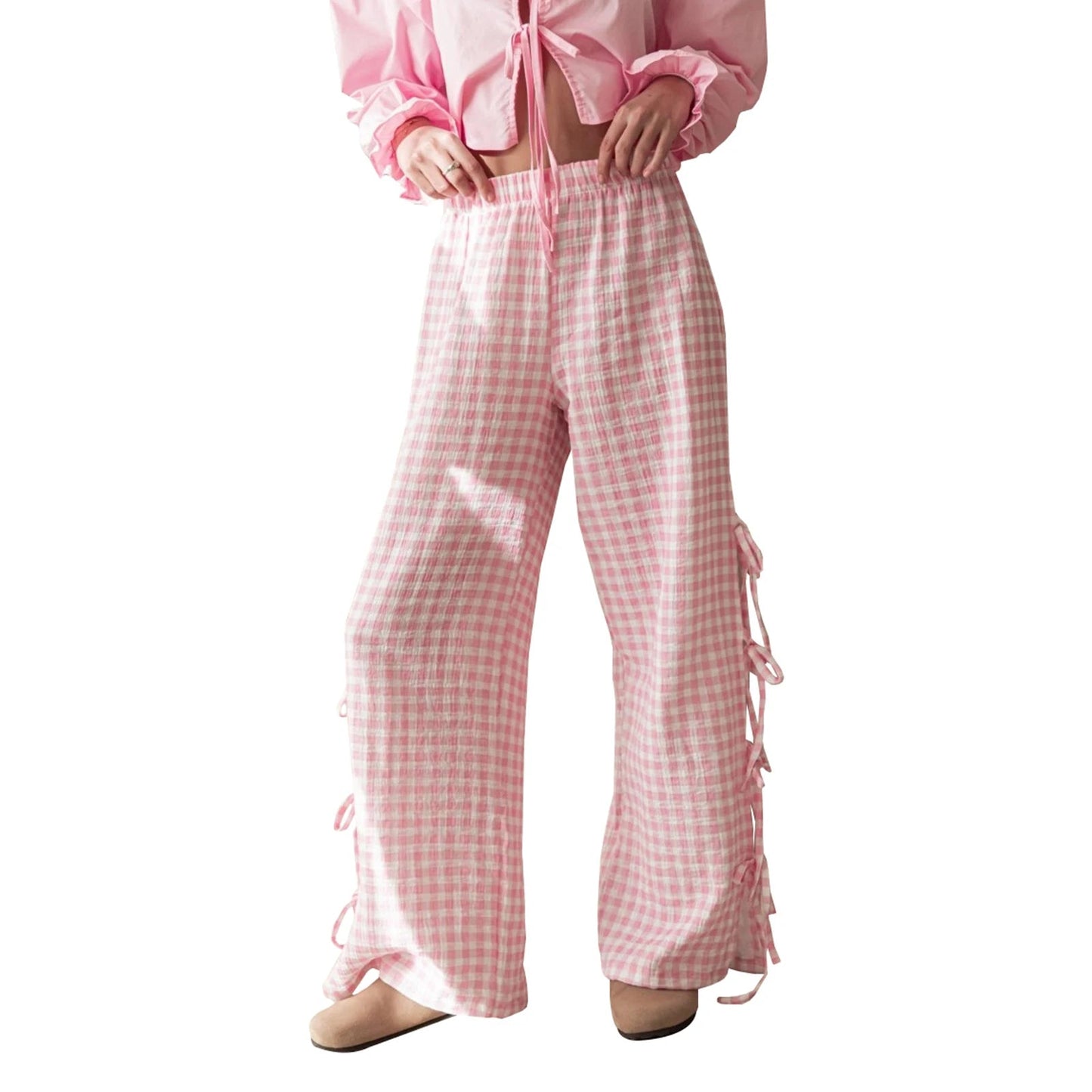 Tie-up Plaid Stripe Loose Polyester Wide Leg Pant