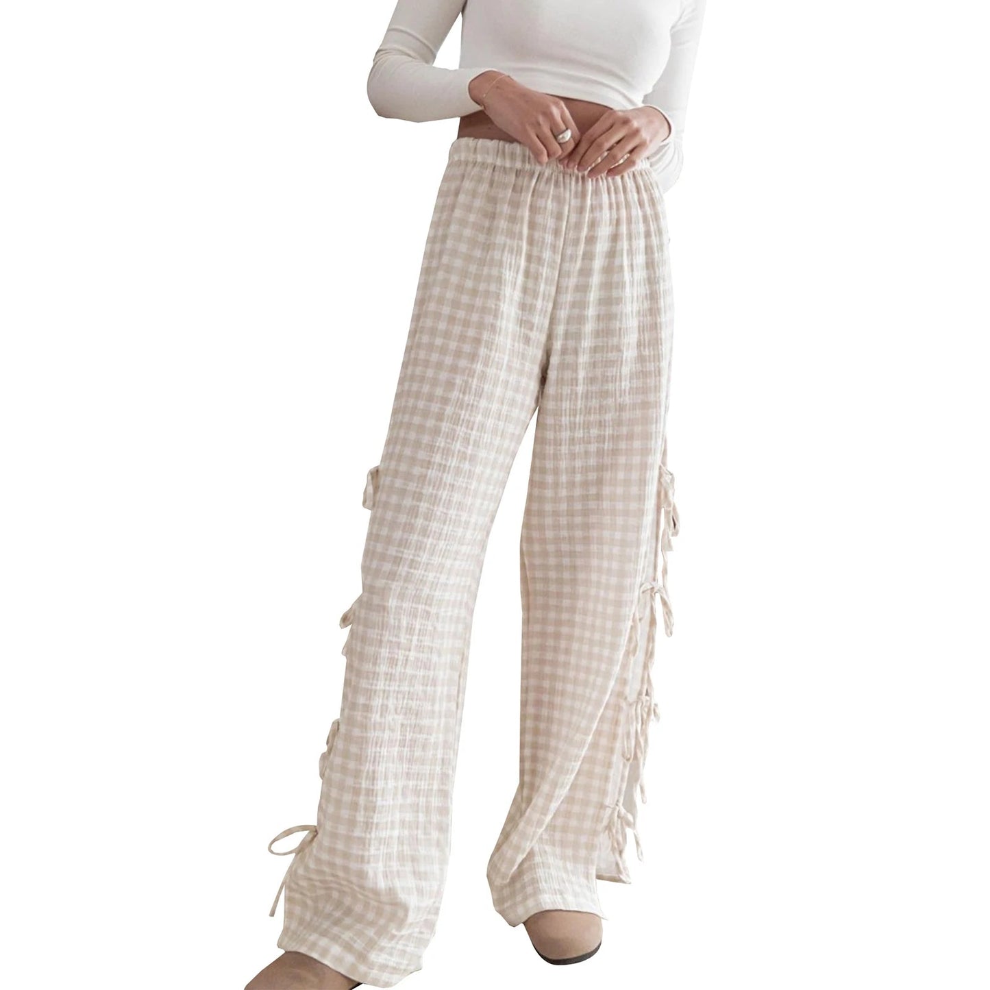 Tie-up Plaid Stripe Loose Polyester Wide Leg Pant