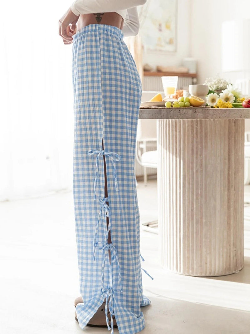 Tie-up Plaid Stripe Loose Polyester Wide Leg Pant